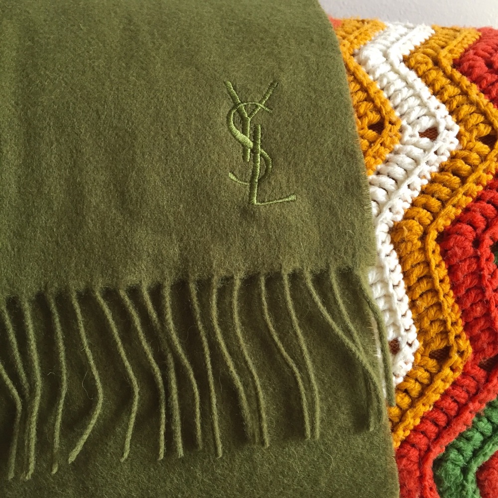 YSL Olive Green Cashmere Wool Scarf